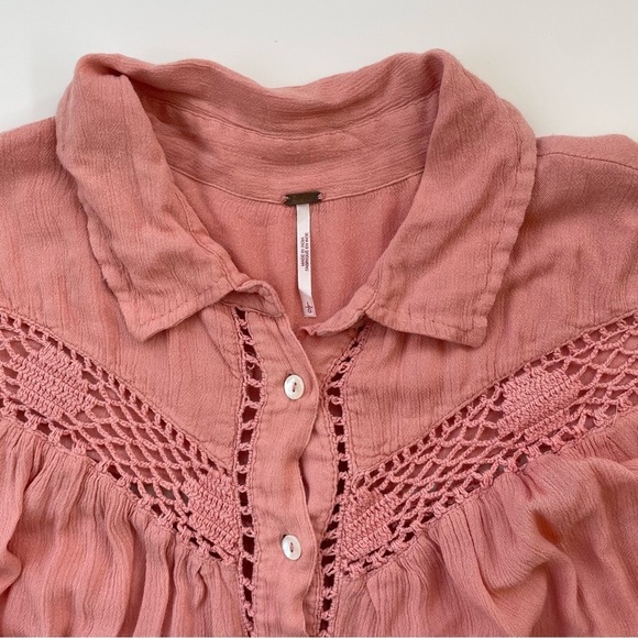 Free People Pink Orange Coral Katie Bird Long Sleeve Button Down Size Large - Picture 4 of 10